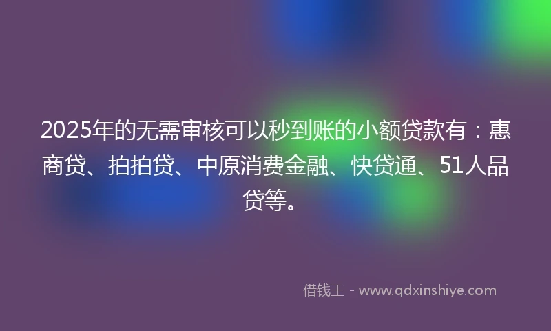 2025年的无需审核可以秒到账的小额贷款有:惠商贷、拍拍贷、中原消费金融、快贷通、51人品贷等。