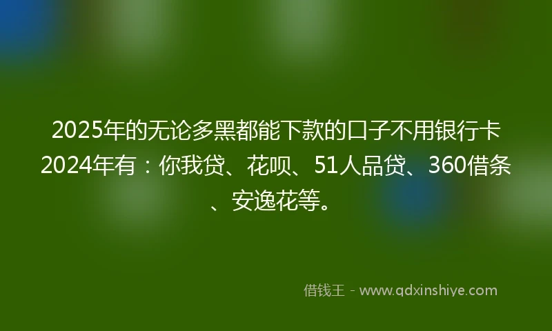 2025年的无论多黑都能下款的口子不用银行卡2024年有：你我贷、花呗、51人品贷、360借条、安逸花等。