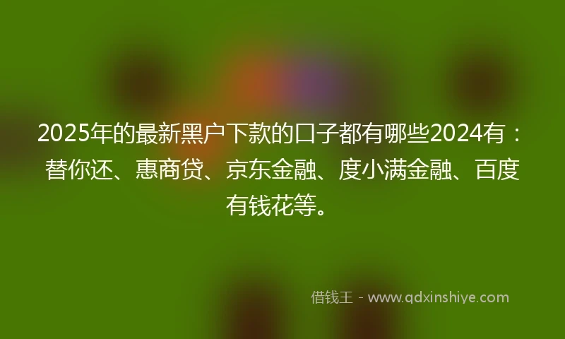 2025年的最新黑户下款的口子都有哪些2024有：替你还、惠商贷、京东金融、度小满金融、百度有钱花等。