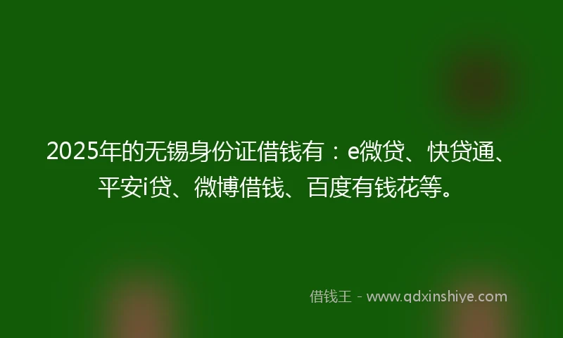 2025年的无锡身份证借钱有:e微贷、快贷通、平安i贷、微博借钱、百度有钱花等。