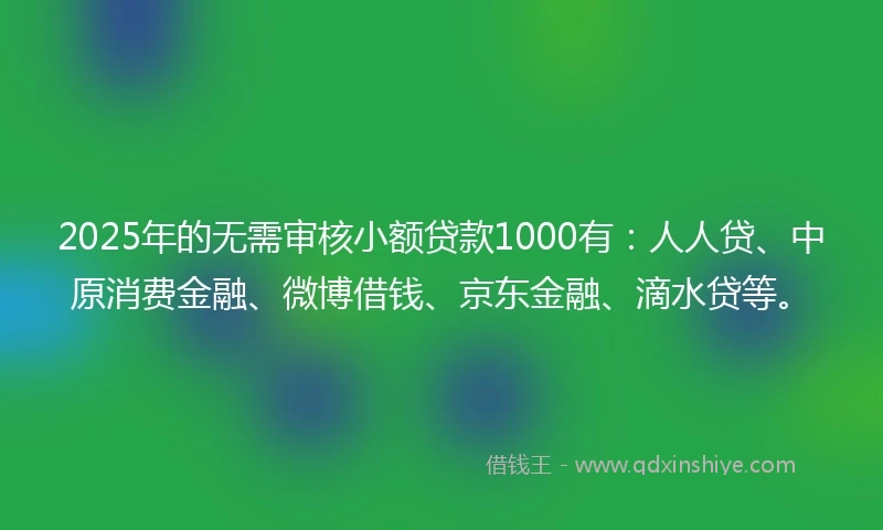 2025年的无需审核小额贷款1000有：人人贷、中原消费金融、微博借钱、京东金融、滴水贷等。