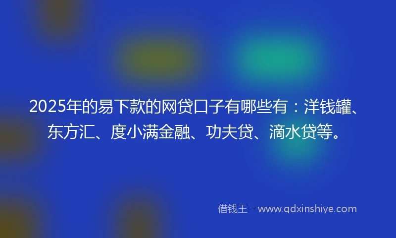 2025年的易下款的网贷口子有哪些有：洋钱罐、东方汇、度小满金融、功夫贷、滴水贷等。