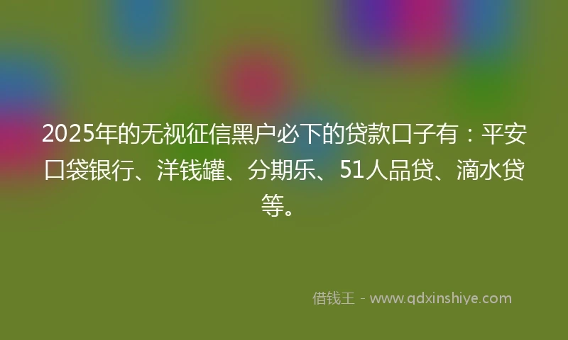 2025年的无视征信黑户必下的贷款口子有：平安口袋银行、洋钱罐、分期乐、51人品贷、滴水贷等。