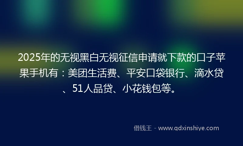 2025年的无视黑白无视征信申请就下款的口子苹果手机有：美团生活费、平安口袋银行、滴水贷、51人品贷、小花钱包等。