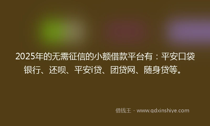 2025年的无需征信的小额借款平台有：平安口袋银行、还呗、平安i贷、团贷网、随身贷等。