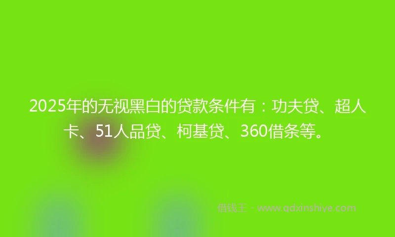 2025年的无视黑白的贷款条件有：功夫贷、超人卡、51人品贷、柯基贷、360借条等。