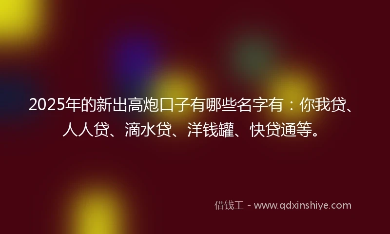 2025年的新出高炮口子有哪些名字有：你我贷、人人贷、滴水贷、洋钱罐、快贷通等。