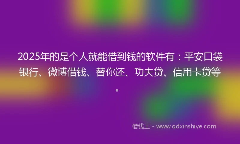 2025年的是个人就能借到钱的软件有：平安口袋银行、微博借钱、替你还、功夫贷、信用卡贷等。