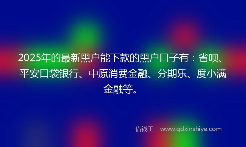 2025年的最新黑户能下款的黑户口子有：省呗、平安口袋银行、中原消费金融、分期乐、度小满金融等。