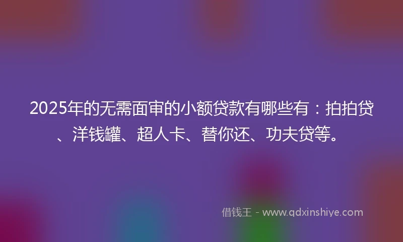 2025年的无需面审的小额贷款有哪些有：拍拍贷、洋钱罐、超人卡、替你还、功夫贷等。