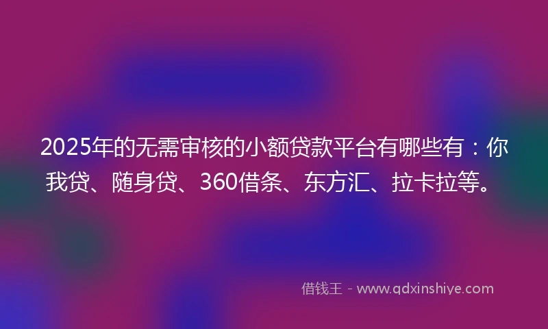 2025年的无需审核的小额贷款平台有哪些有：你我贷、随身贷、360借条、东方汇、拉卡拉等。