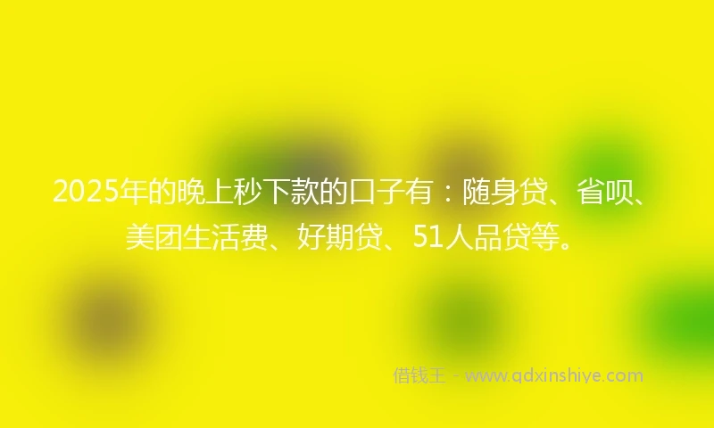 2025年的晚上秒下款的口子有：随身贷、省呗、美团生活费、好期贷、51人品贷等。