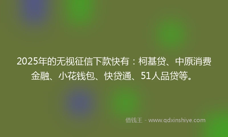 2025年的无视征信下款快有：柯基贷、中原消费金融、小花钱包、快贷通、51人品贷等。