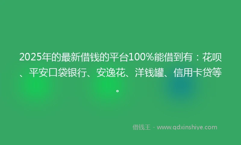 2025年的最新借钱的平台100%能借到有：花呗、平安口袋银行、安逸花、洋钱罐、信用卡贷等。