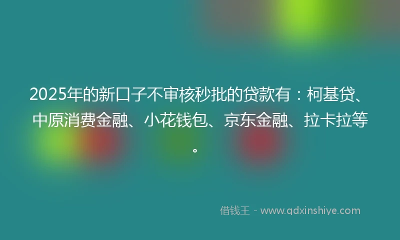 2025年的新口子不审核秒批的贷款有：柯基贷、中原消费金融、小花钱包、京东金融、拉卡拉等。