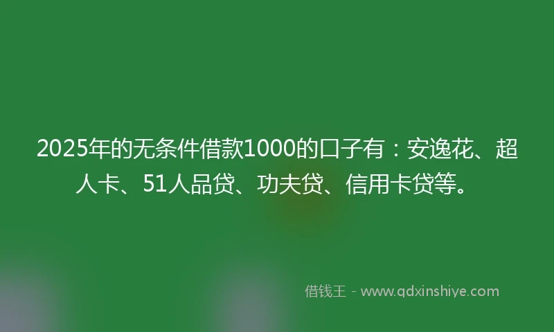 2025年的无条件借款1000的口子有：安逸花、超人卡、51人品贷、功夫贷、信用卡贷等。