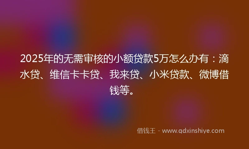 2025年的无需审核的小额贷款5万怎么办有：滴水贷、维信卡卡贷、我来贷、小米贷款、微博借钱等。