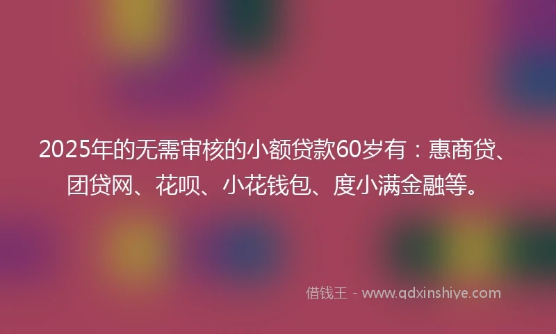 2025年的无需审核的小额贷款60岁有：惠商贷、团贷网、花呗、小花钱包、度小满金融等。