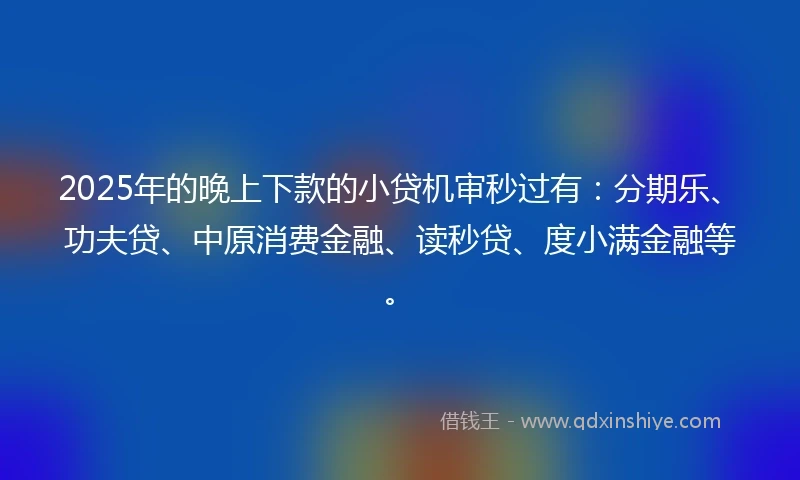 2025年的晚上下款的小贷机审秒过有：分期乐、功夫贷、中原消费金融、读秒贷、度小满金融等。