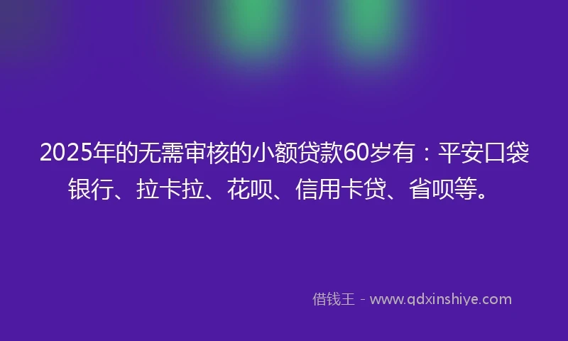 2025年的无需审核的小额贷款60岁有：平安口袋银行、拉卡拉、花呗、信用卡贷、省呗等。