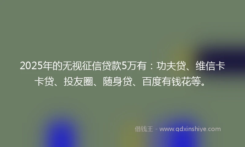 2025年的无视征信贷款5万有：功夫贷、维信卡卡贷、投友圈、随身贷、百度有钱花等。
