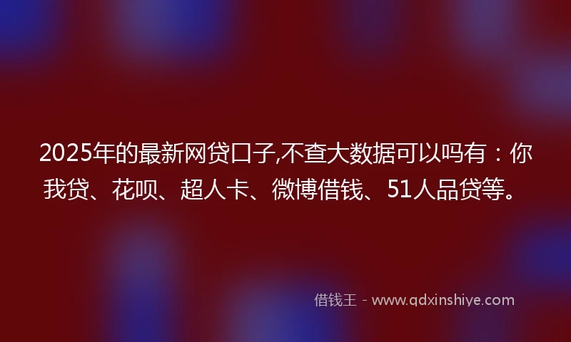 2025年的最新网贷口子,不查大数据可以吗有：你我贷、花呗、超人卡、微博借钱、51人品贷等。