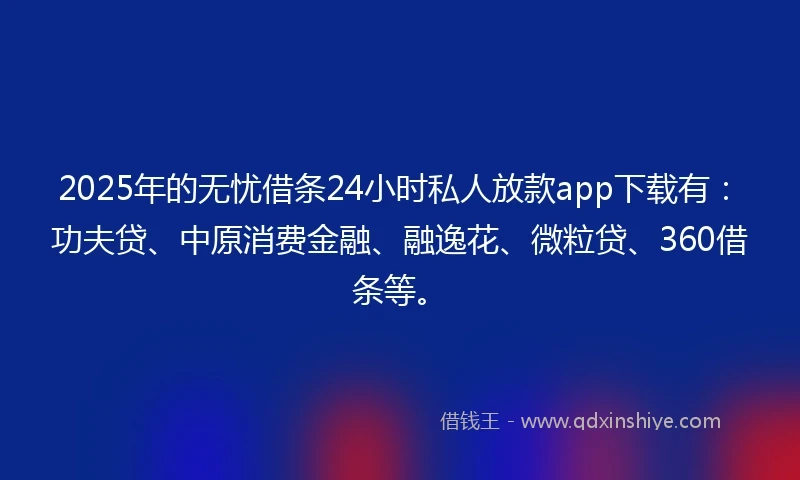 2025年的无忧借条24小时私人放款app下载有：功夫贷、中原消费金融、融逸花、微粒贷、360借条等。
