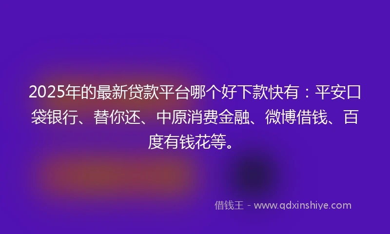 2025年的最新贷款平台哪个好下款快有：平安口袋银行、替你还、中原消费金融、微博借钱、百度有钱花等。