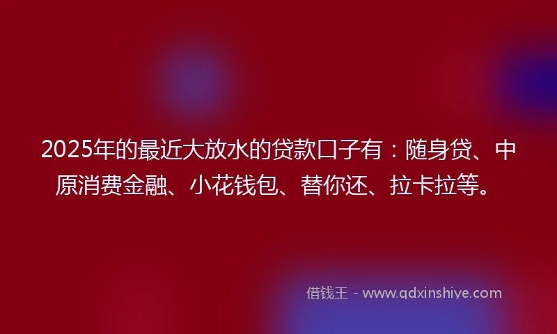 2025年的最近大放水的贷款口子有：随身贷、中原消费金融、小花钱包、替你还、拉卡拉等。