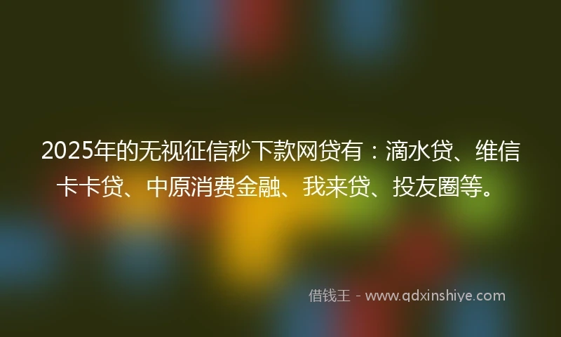 2025年的无视征信秒下款网贷有：滴水贷、维信卡卡贷、中原消费金融、我来贷、投友圈等。