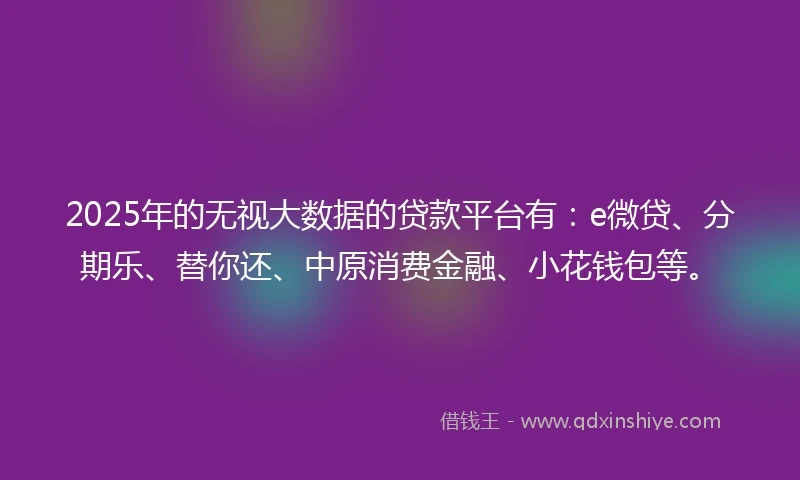 2025年的无视大数据的贷款平台有：e微贷、分期乐、替你还、中原消费金融、小花钱包等。