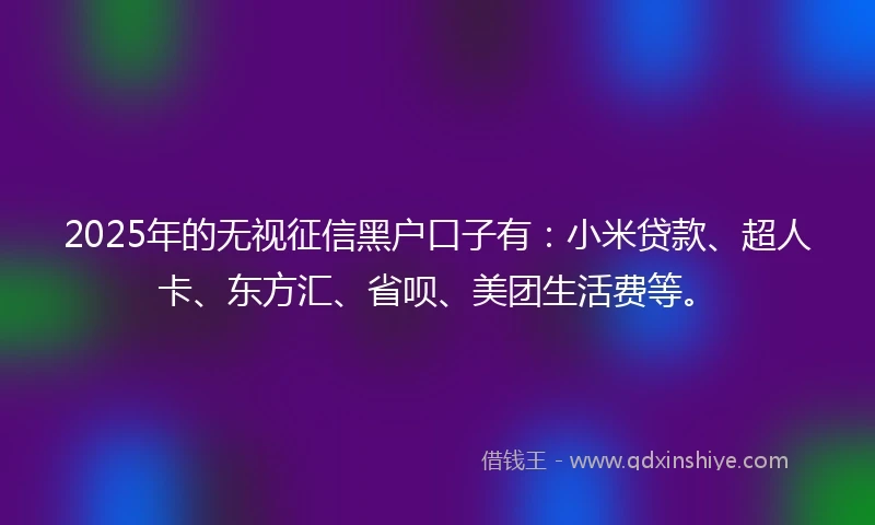 2025年的无视征信黑户口子有：小米贷款、超人卡、东方汇、省呗、美团生活费等。