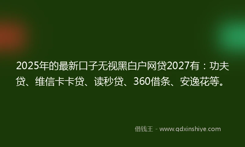 2025年的最新口子无视黑白户网贷2027有：功夫贷、维信卡卡贷、读秒贷、360借条、安逸花等。