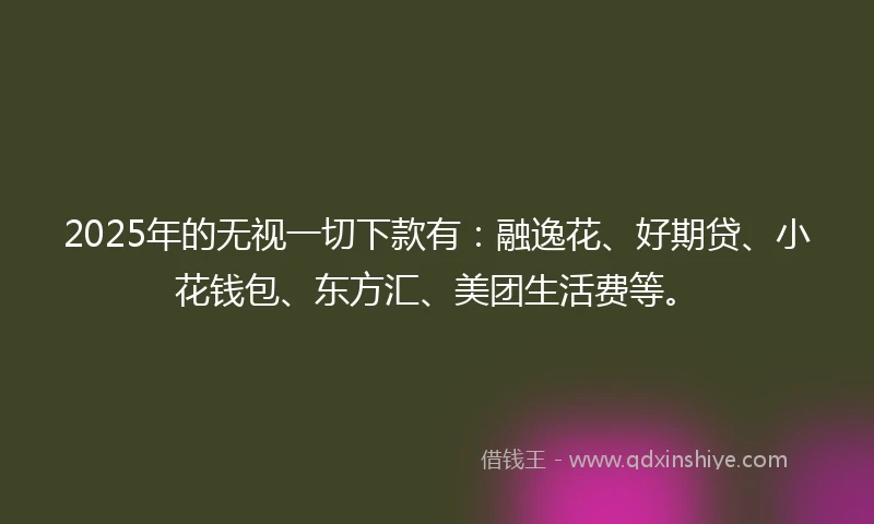2025年的无视一切下款有：融逸花、好期贷、小花钱包、东方汇、美团生活费等。