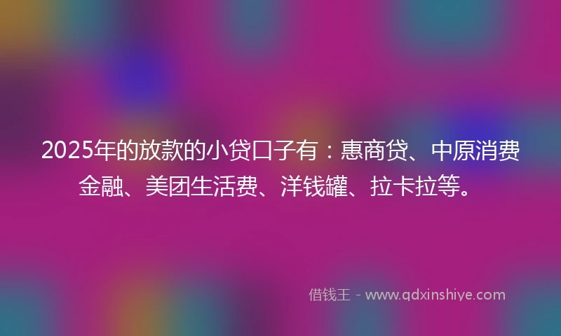 2025年的放款的小贷口子有：惠商贷、中原消费金融、美团生活费、洋钱罐、拉卡拉等。