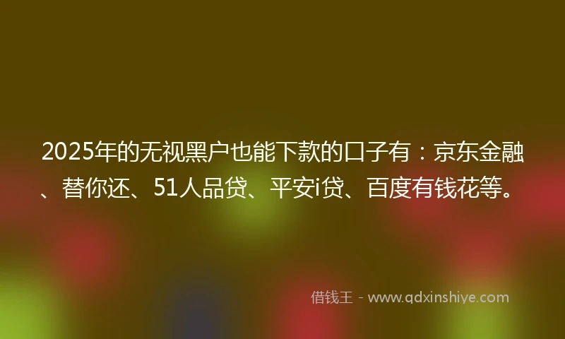 2025年的无视黑户也能下款的口子有:京东金融、替你还、51人品贷、平安i贷、百度有钱花等。