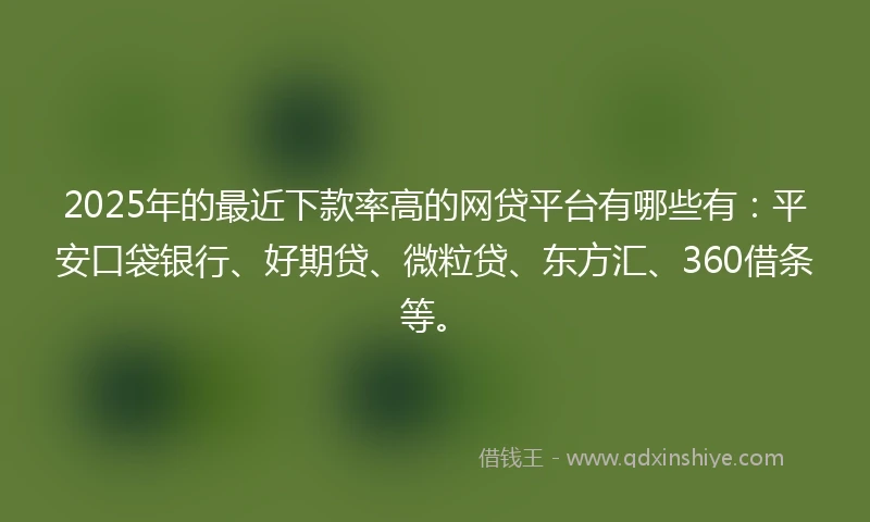 2025年的最近下款率高的网贷平台有哪些有：平安口袋银行、好期贷、微粒贷、东方汇、360借条等。