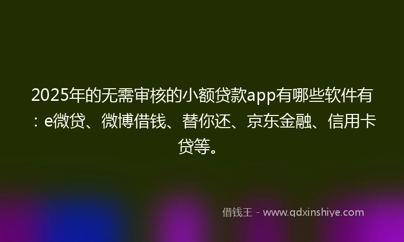 2025年的无需审核的小额贷款app有哪些软件有：e微贷、微博借钱、替你还、京东金融、信用卡贷等。