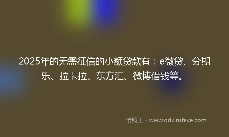 2025年的无需征信的小额贷款有：e微贷、分期乐、拉卡拉、东方汇、微博借钱等。