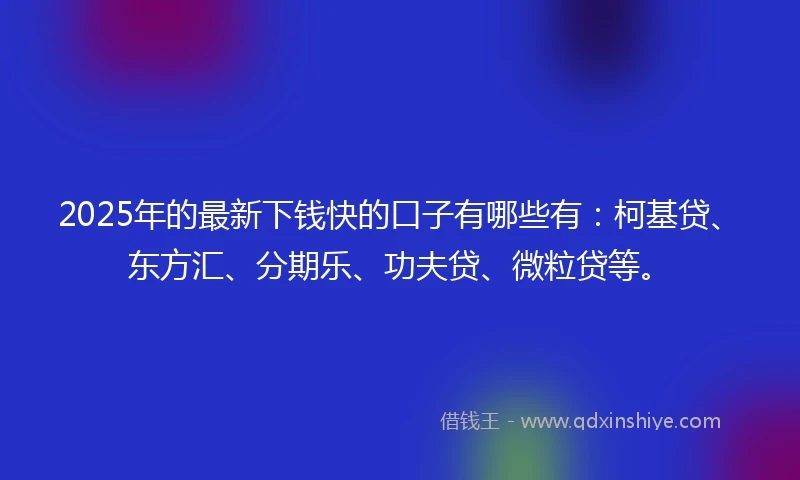 2025年的最新下钱快的口子有哪些有：柯基贷、东方汇、分期乐、功夫贷、微粒贷等。