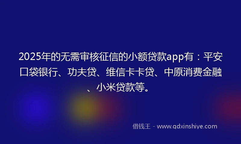 2025年的无需审核征信的小额贷款app有：平安口袋银行、功夫贷、维信卡卡贷、中原消费金融、小米贷款等。