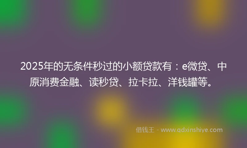 2025年的无条件秒过的小额贷款有：e微贷、中原消费金融、读秒贷、拉卡拉、洋钱罐等。