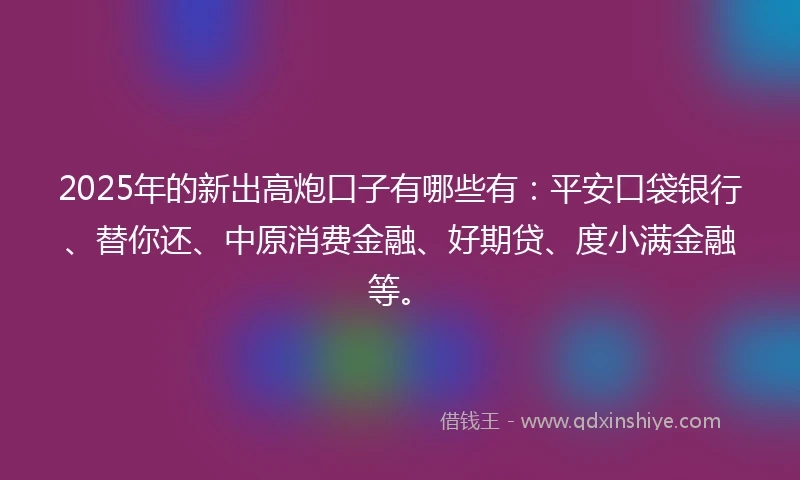 2025年的新出高炮口子有哪些有：平安口袋银行、替你还、中原消费金融、好期贷、度小满金融等。