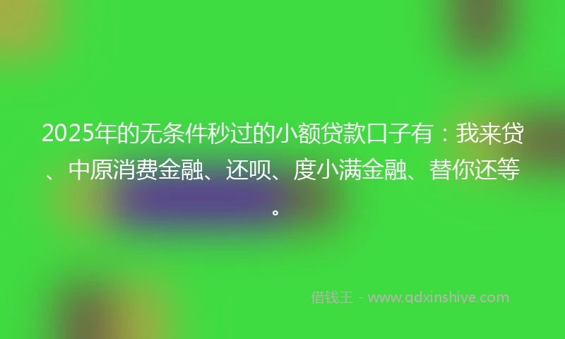 2025年的无条件秒过的小额贷款口子有：我来贷、中原消费金融、还呗、度小满金融、替你还等。