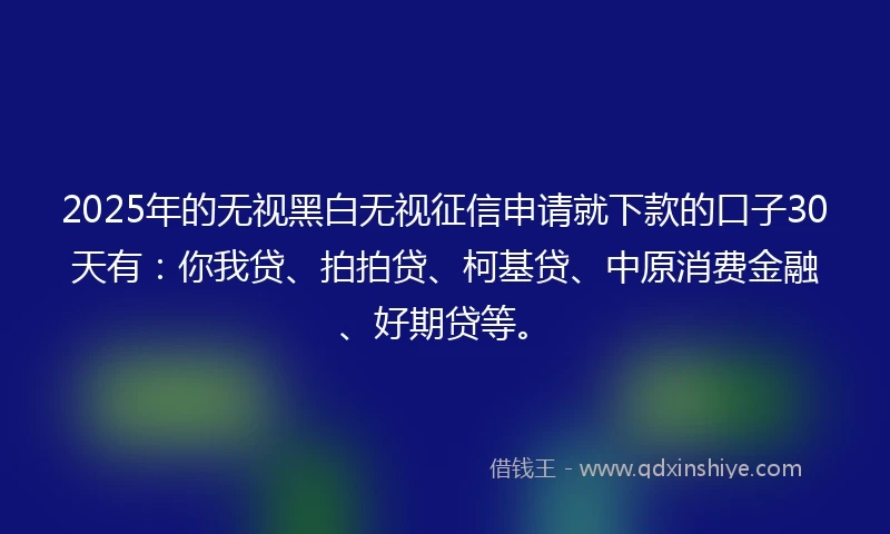 2025年的无视黑白无视征信申请就下款的口子30天有：你我贷、拍拍贷、柯基贷、中原消费金融、好期贷等。