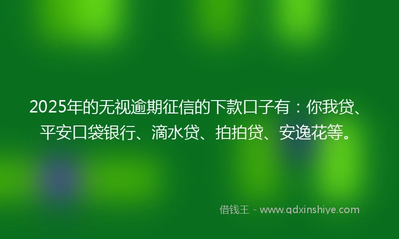 2025年的无视逾期征信的下款口子有:你我贷、平安口袋银行、滴水贷、拍拍贷、安逸花等。