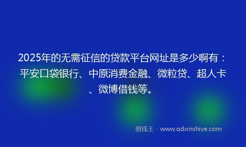 2025年的无需征信的贷款平台网址是多少啊有：平安口袋银行、中原消费金融、微粒贷、超人卡、微博借钱等。