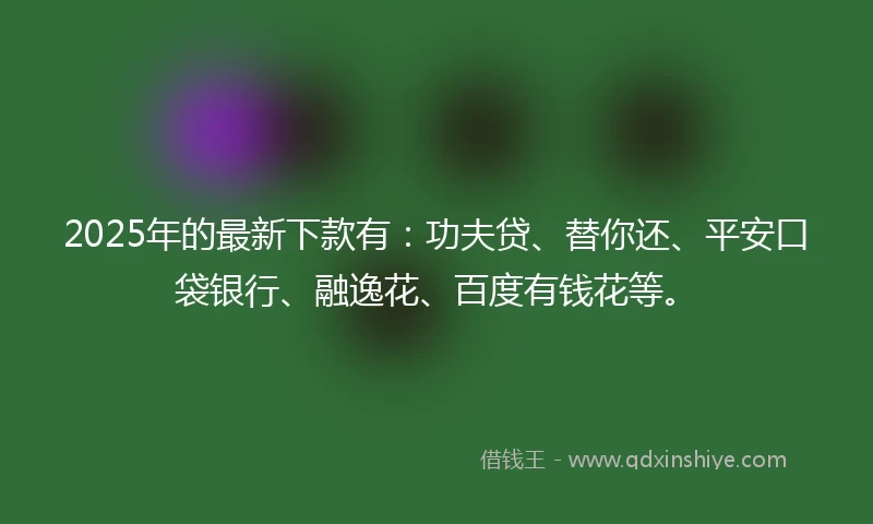 2025年的最新下款有：功夫贷、替你还、平安口袋银行、融逸花、百度有钱花等。