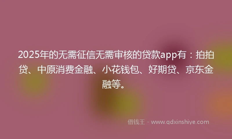 2025年的无需征信无需审核的贷款app有：拍拍贷、中原消费金融、小花钱包、好期贷、京东金融等。