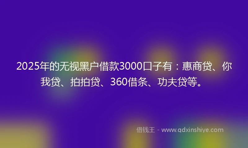 2025年的无视黑户借款3000口子有:惠商贷、你我贷、拍拍贷、360借条、功夫贷等。